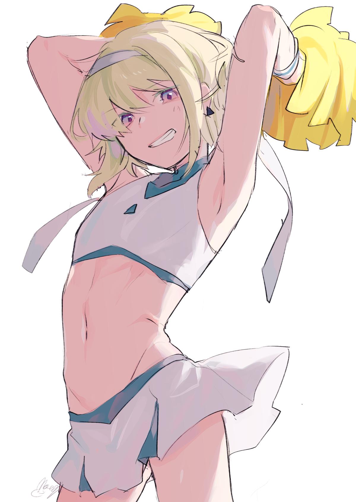 1boy armpits blonde_hair blush cheering cheerleader crop_top highres lio_fotia looking_at_viewer midriff miniskirt moegi0926 navel otoko_no_ko pom_poms promare shoes simple_background skirt sleeveless sneakers solo white_background