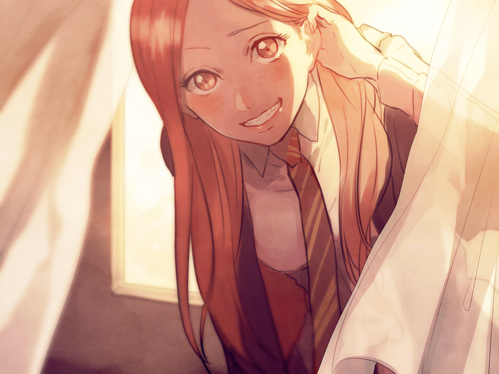 1girl breasts brown_eyes collared_shirt curtains freckles ginny_weasley grin gryffindor hair_tucking harry_potter hogwarts_school_uniform jacket kurosujuu leaning_forward long_hair long_sleeves looking_at_viewer necktie open_clothes open_jacket redhead school_uniform shirt smile solo upper_body white_shirt window