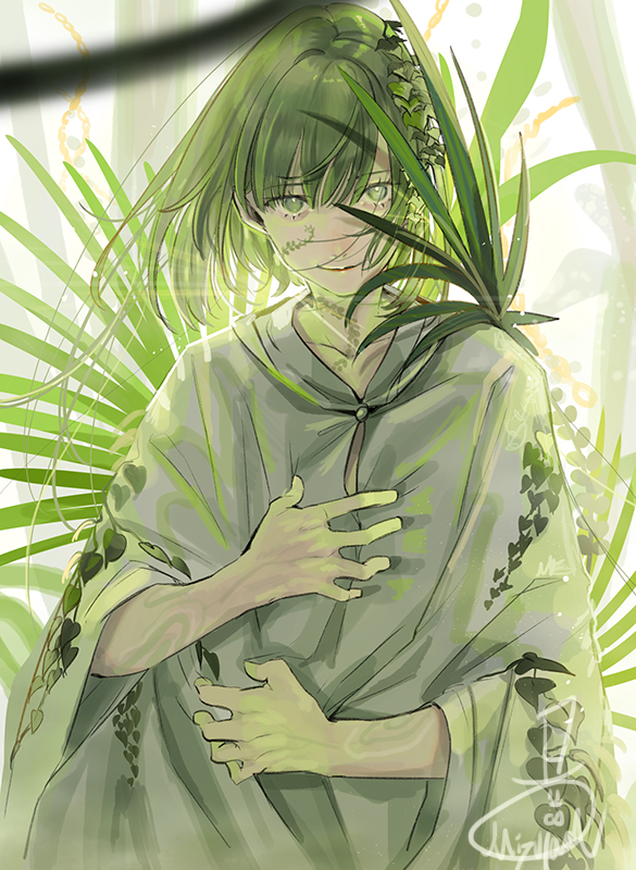 1boy alternate_hair_length alternate_hairstyle androgynous bangs blurry closed_mouth depth_of_field enkidu_(fate/strange_fake) fate/strange_fake fate_(series) grabbing green_eyes green_hair green_theme hair_strand hair_vines long_sleeves looking_at_viewer mizutame_tori palm_leaf plant robe short_hair smile solo upper_body vines