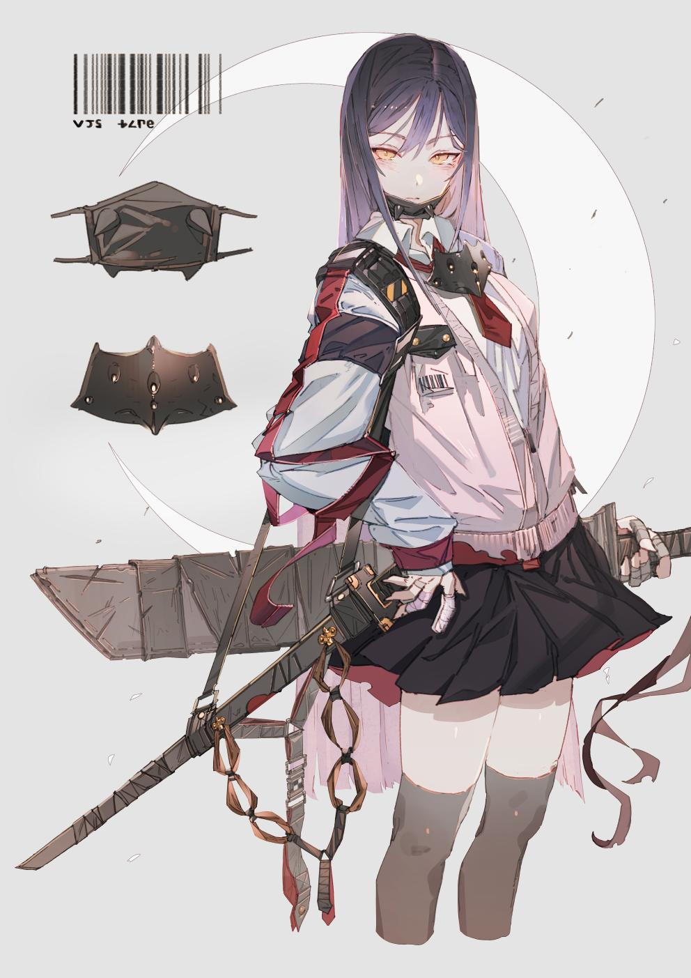 1girl barcode black_skirt blush closed_mouth commentary copyright_request cowboy_shot cropped_legs face_mask highres holding holding_weapon hong long_hair long_sleeves mask miniskirt necktie pink_vest pleated_skirt purple_hair red_neckwear shirt skirt solo sword symbol_commentary thigh-highs thighs vest weapon white_shirt wrapping yellow_eyes zettai_ryouiki