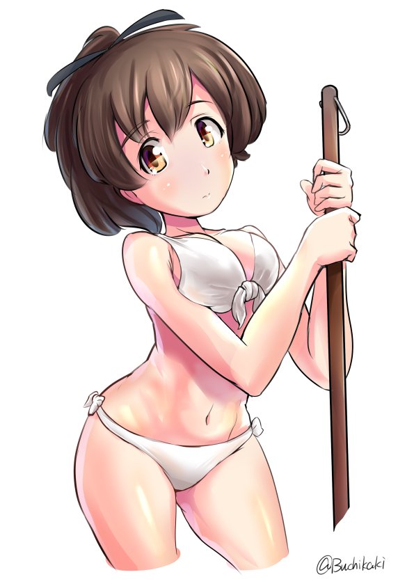 1girl bangs bikini black_ribbon breasts broom brown_eyes brown_hair buchikaki closed_mouth commentary cowboy_shot eyebrows_visible_through_hair front-tie_bikini front-tie_top girls_und_panzer hair_ribbon holding holding_broom koyama_yuzu light_frown looking_at_viewer medium_breasts medium_hair navel ribbon short_ponytail side-tie_bikini simple_background solo standing swimsuit thighs twitter_username white_background white_bikini