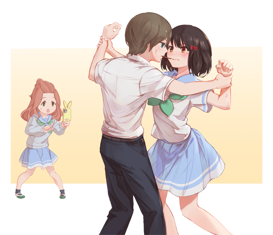 1777_kaki 1boy 2girls black_hair black_pants blue_sailor_collar bow brown_hair cellphone food green_eyes green_neckwear hair_bow hair_ornament hair_ribbon hibike!_euphonium hisaishi_kanade kenzaki_ririka kyoto_animation long_hair long_sleeves multiple_girls neckerchief pants phone pleated_skirt pocky pocky_kiss red_eyes red_ribbon ribbon sailor_collar school_uniform serafuku shirt short_hair short_sleeves skirt smartphone star star_hair_ornament takarajimasha taking_picture tsukinaga_motomu white_shirt