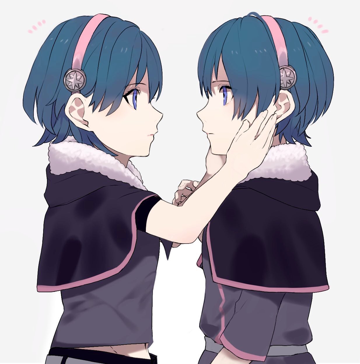1boy 1girl adorable ayushiba_pokefe blue_eyes blue_hair brother_and_sister byleth_(fire_emblem) byleth_eisner_(female) byleth_eisner_(male) capelet child closed_mouth cute female_my_unit_(fire_emblem:_three_houses) fire_emblem fire_emblem:_three_houses fire_emblem:_three_houses from_side fur_trim hairband highres intelligent_systems koei_tecmo male_my_unit_(fire_emblem:_three_houses) my_unit_(fire_emblem:_three_houses) navel nintendo pink_hair short_hair siblings simple_background super_smash_bros. upper_body white_background younger