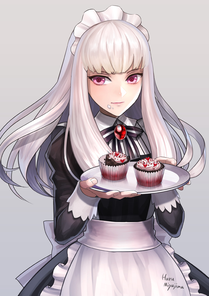 1girl alternate_costume apron bangs black_dress blunt_bangs brooch commentary_request cupcake dress enmaided expressionless fire_emblem fire_emblem:_three_houses food food_on_face grey_background haru_(toyst) holding holding_tray icing jewelry light_blush long_hair lysithea_von_ordelia maid maid_apron maid_headdress pink_eyes signature silver_hair simple_background solo tray