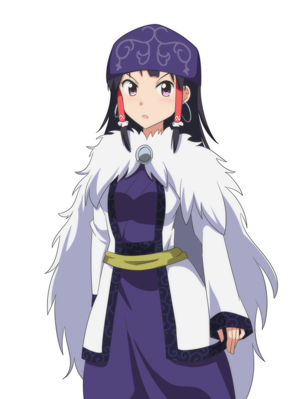 1girl ainu_clothes alternate_costume alternate_eye_color arms_at_sides asirpa asirpa_(cosplay) black_hair blue_dress brooch cape cato_(monocatienus) coat commentary_request cosplay cowboy_shot dress earrings fur_cape golden_kamuy hair_tubes hakurei_reimu head_scarf hoop_earrings jewelry long_hair long_sleeves looking_at_viewer open_clothes open_coat open_mouth sash sidelocks simple_background sleeves_past_wrists solo standing touhou traditional_clothes tsurime violet_eyes white_background white_coat