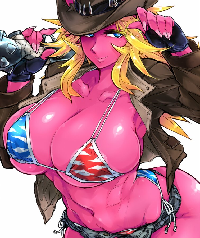 bikini blonde_hair blue_eyes gloves hat horns_through_headwear jacket oni original pink_skin skj smile swimsuit