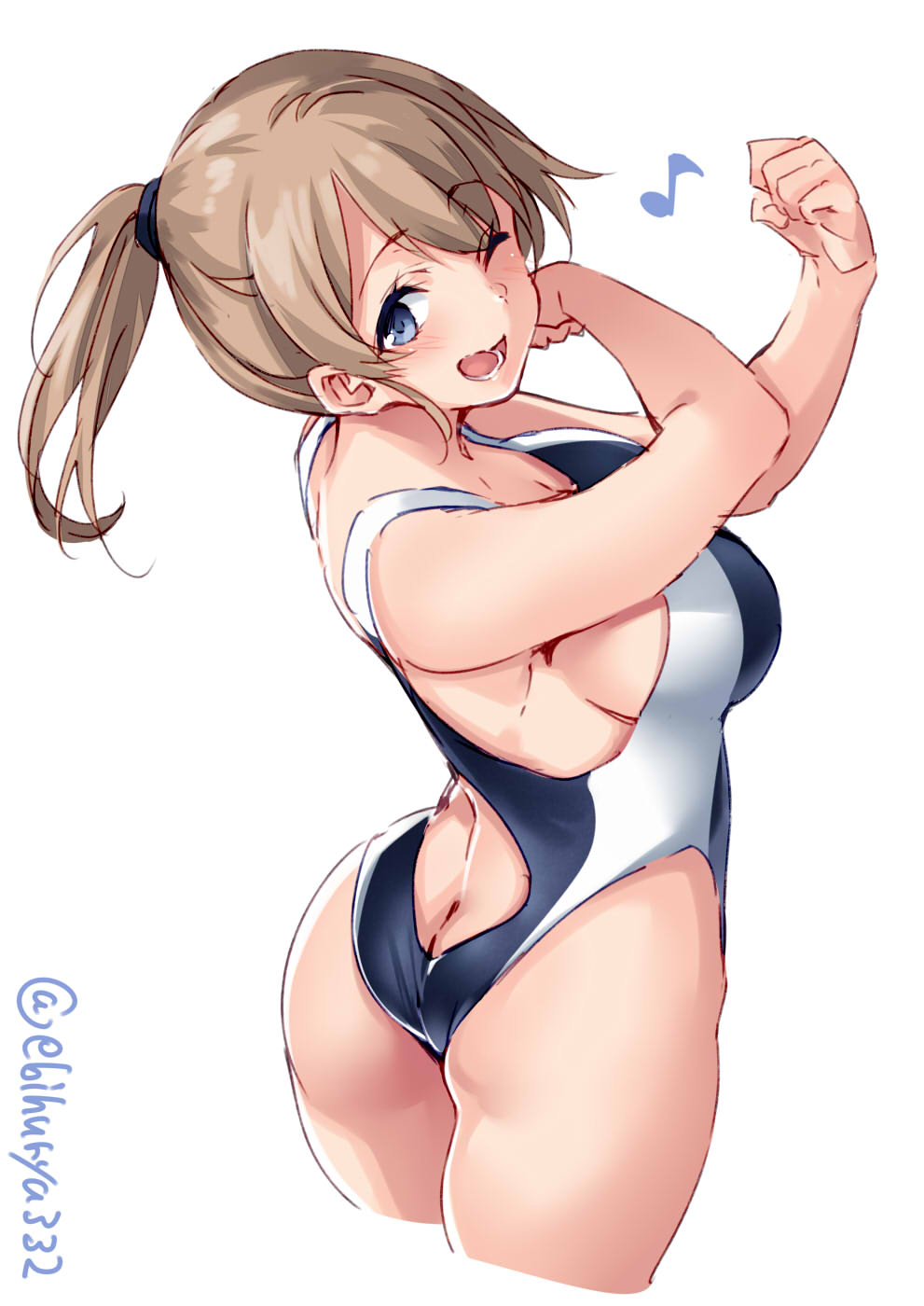 1girl alternate_costume ass back backless_outfit bangs bare_arms bare_shoulders blue_eyes blush breasts brown_hair butt_crack competition_swimsuit contemporary cowboy_shot cropped_legs ebifurya eyebrows eyebrows_visible_through_hair from_above hair_between_eyes highres intrepid_(kantai_collection) kantai_collection large_breasts light_brown_hair looking_at_viewer looking_back one-piece_swimsuit one_eye_closed open_mouth short_hair stretch swimsuit thighs twitter_username white_background