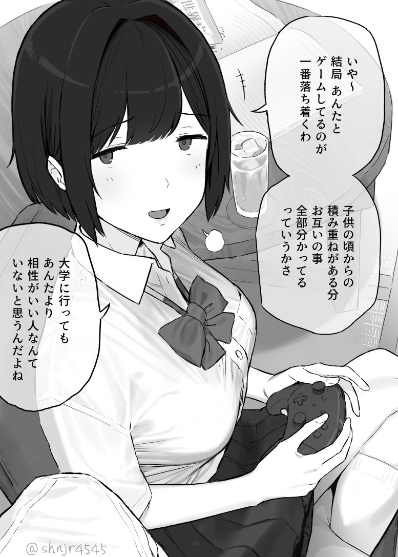 1girl breasts collared_shirt commentary_request cup greyscale holding_game_controller kneehighs large_breasts looking_at_viewer monochrome open_mouth original shinjiro shirt short_hair short_sleeves sitting skirt solo speed_lines table translation_request