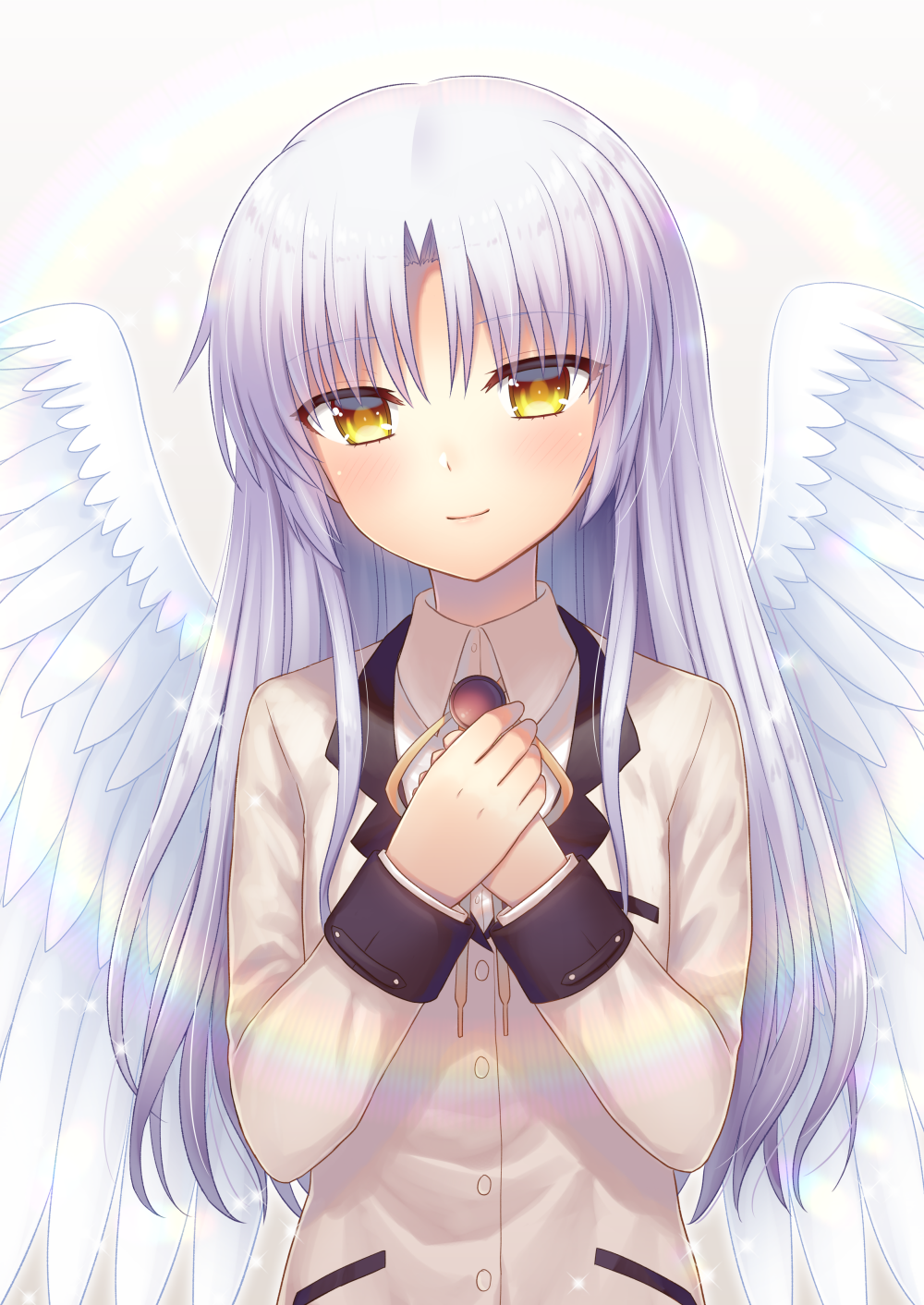 1girl angel_beats! angel_wings blazer blush brown_eyes brown_jacket closed_mouth collared_shirt commentary_request dress_shirt feathered_wings grey_background head_tilt highres jacket long_hair nakamura_hinato purple_hair shirt smile solo tachibana_kanade upper_body very_long_hair white_shirt white_wings wings