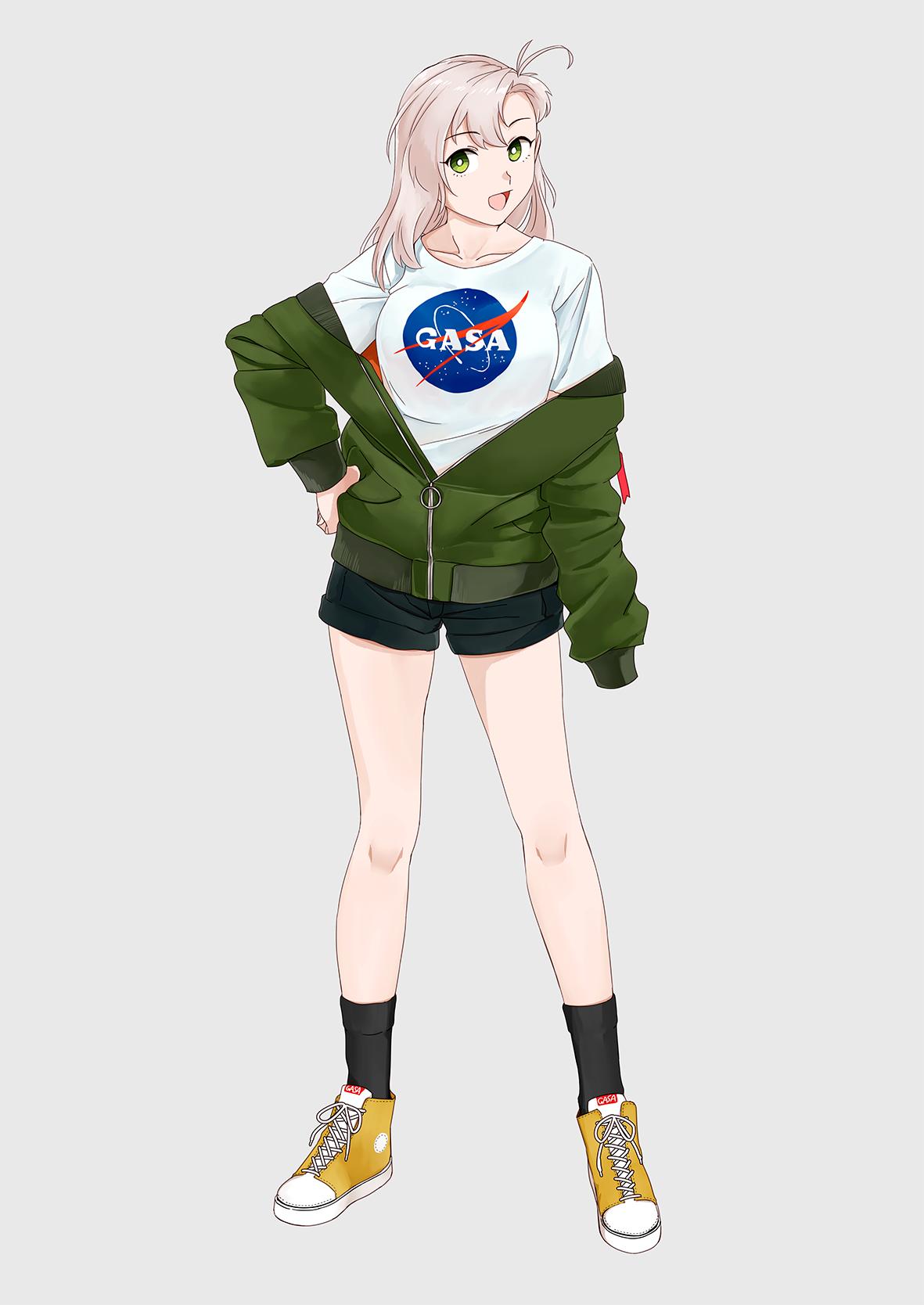 1girl alternate_costume antenna_hair black_legwear black_shorts brand_name_imitation casual full_body green_eyes green_jacket grey_background grey_hair hair_tie hand_on_hip highres jacket kantai_collection kinugasa_(kantai_collection) nasa off-shoulder_jacket ojipon one_side_up open_mouth remodel_(kantai_collection) shirt shoes shorts simple_background smile sneakers socks solo t-shirt white_shirt yellow_footwear