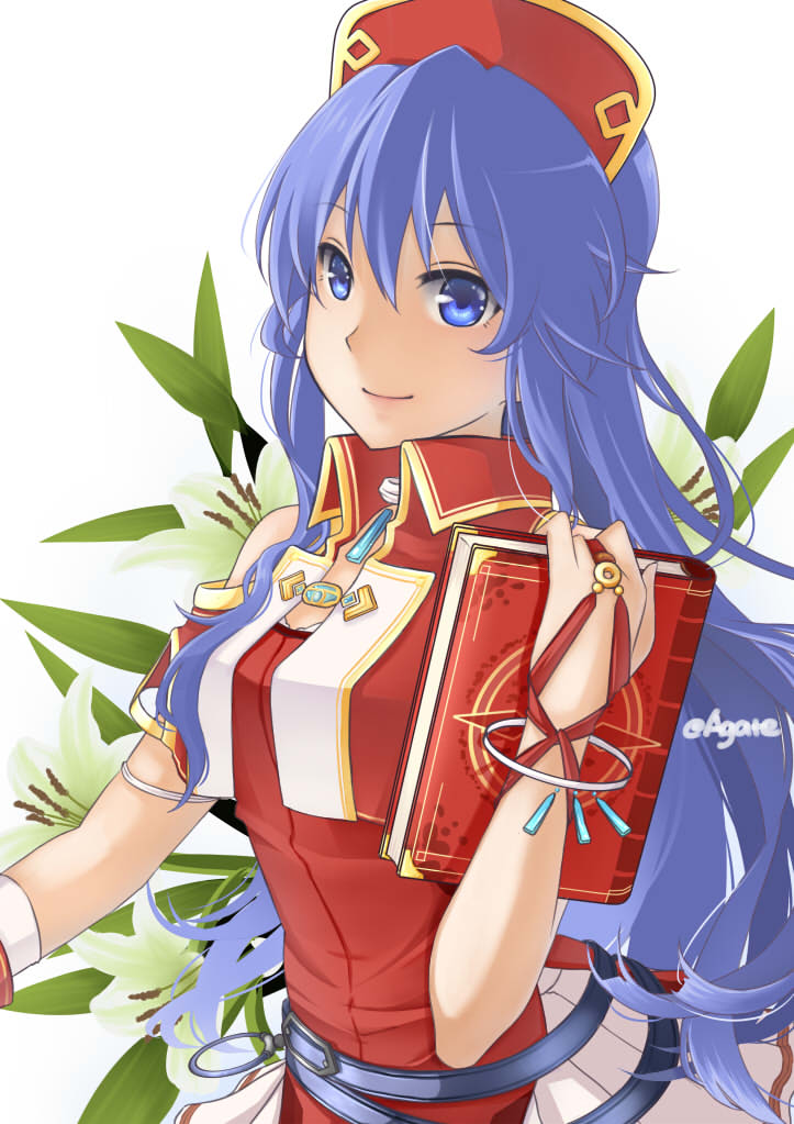 1girl agatemarine blue_eyes blue_hair book bracelet breasts cowboy_shot dress fire_emblem fire_emblem:_the_binding_blade flower hat jewelry lilina_(fire_emblem) long_hair looking_at_viewer medium_breasts plant red_dress red_headwear simple_background smile solo twitter_username white_background