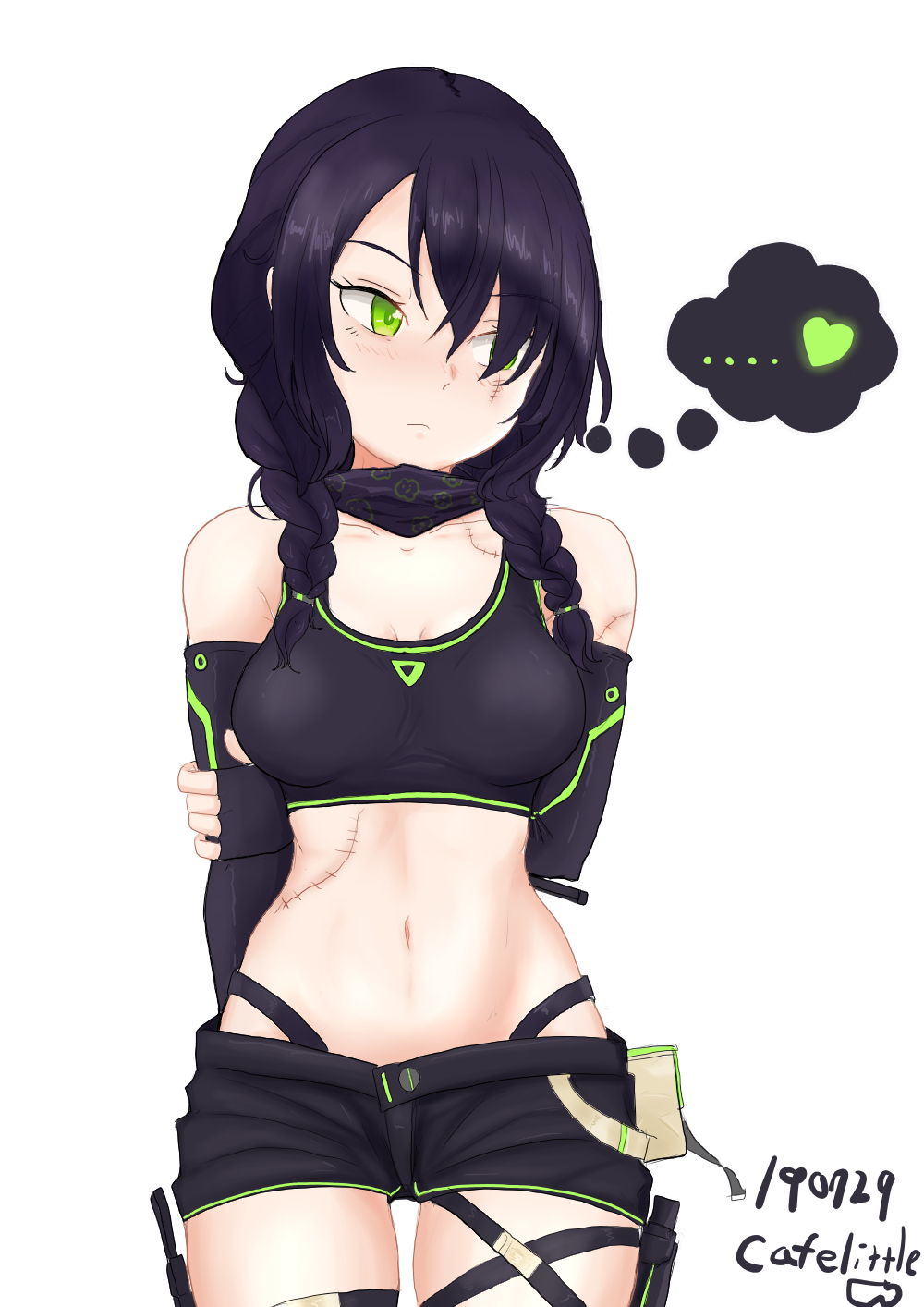 1girl arm_behind_back artist_name bandana belt_pouch black_gloves black_hair blush braid commentary_request crop_top dated elbow_gloves fingerless_gloves girls_frontline gloves green_eyes hair_over_one_eye heart highres holding_own_arm kjm3111 korean_commentary looking_to_the_side mac-10_(girls_frontline) navel neon_trim pouch scar shorts simple_background solo spoken_heart stitches thigh_strap thighs twintails white_background