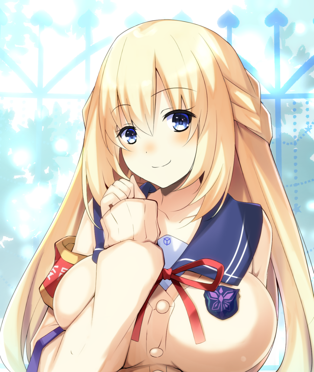 1girl alternate_costume blonde_hair blue_eyes bow bowtie braid breasts collarbone commentary_request doria_(5073726) eyebrows_visible_through_hair french_braid hair_between_eyes highres large_breasts long_hair long_sleeves looking_at_viewer neptune_(series) sailor_collar school_uniform serafuku smile solo sweater upper_body vert yellow_sweater