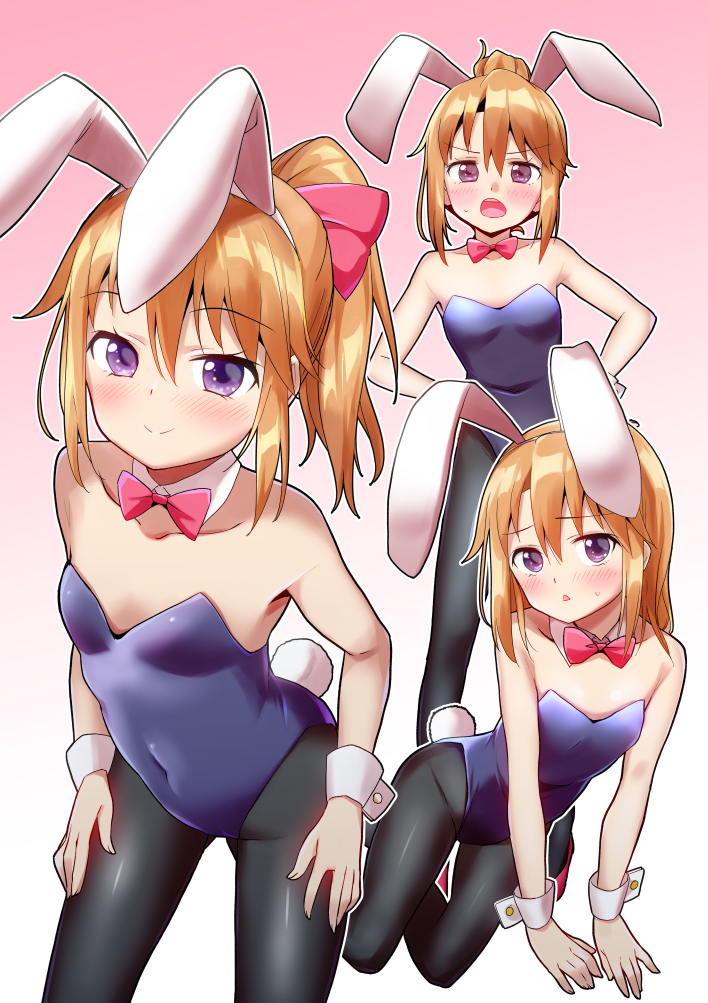 1girl :&lt; animal_ears arm_support bangs bare_shoulders black_legwear blue_leotard blush bow bowtie breasts brown_hair bunny_girl bunny_tail bunnysuit closed_mouth collarbone commentary_request covered_navel eyebrows_visible_through_hair gradient gradient_background groin hair_between_eyes hair_bow hairband high_ponytail idolmaster idolmaster_cinderella_girls leotard long_hair mebachi_maguro_(trok_mebachi) multiple_views open_mouth pantyhose parted_lips pink_background pink_bow pink_neckwear ponytail rabbit_ears small_breasts smile strapless strapless_leotard tail triangle_mouth violet_eyes white_background white_hairband wrist_cuffs yuuki_haru