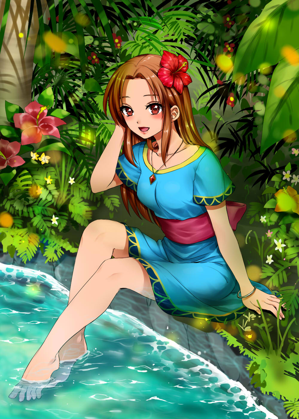 10s 1girl 90s :d bangle bare_legs barefoot blue_dress blush bracelet breasts brown_eyes brown_hair cute dress fern flower forehead forest hair_flower hair_ornament hand_up hibiscus highres human jewelry leaf long_hair looking_at_viewer marin_(the_legend_of_zelda) medium_breasts moe nature necklace nintendo nintendo_ead on_ground open_mouth outdoors parted_lips plant pond red_flower sash short_sleeves sidelocks sitting smile soaking_feet solo straight_hair the_legend_of_zelda the_legend_of_zelda:_link's_awakening wasabi_(legemd) water