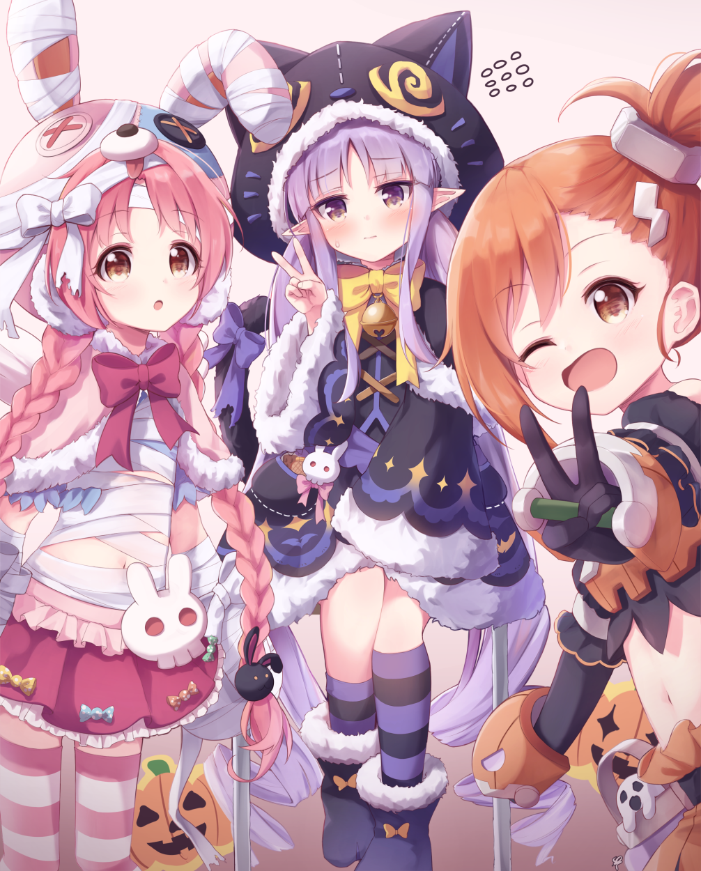 1girl 3girls akane_mimi alternate_costume bandages blush braid commentary earmuffs hair_ornament hair_ribbon hairclip hat highres hikawa_kyoka hodaka_misogi long_hair looking_at_viewer multiple_girls one_eye_closed open_mouth orange_hair pink_hair pointy_ears princess_connect! princess_connect!_re:dive purple_hair ribbon short_hair side_ponytail simple_background sweat sweating_profusely thigh-highs tokenbox twin_braids v white_background