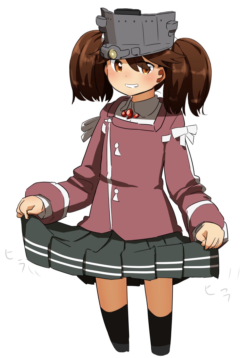 1girl black_legwear blush brown_eyes brown_hair flat_chest grey_skirt highres japanese_clothes kantai_collection kariginu lifted_by_self looking_at_viewer magatama namakura_neo pleated_skirt ryuujou_(kantai_collection) simple_background skirt skirt_lift smile solo thigh-highs twintails visor_cap white_background