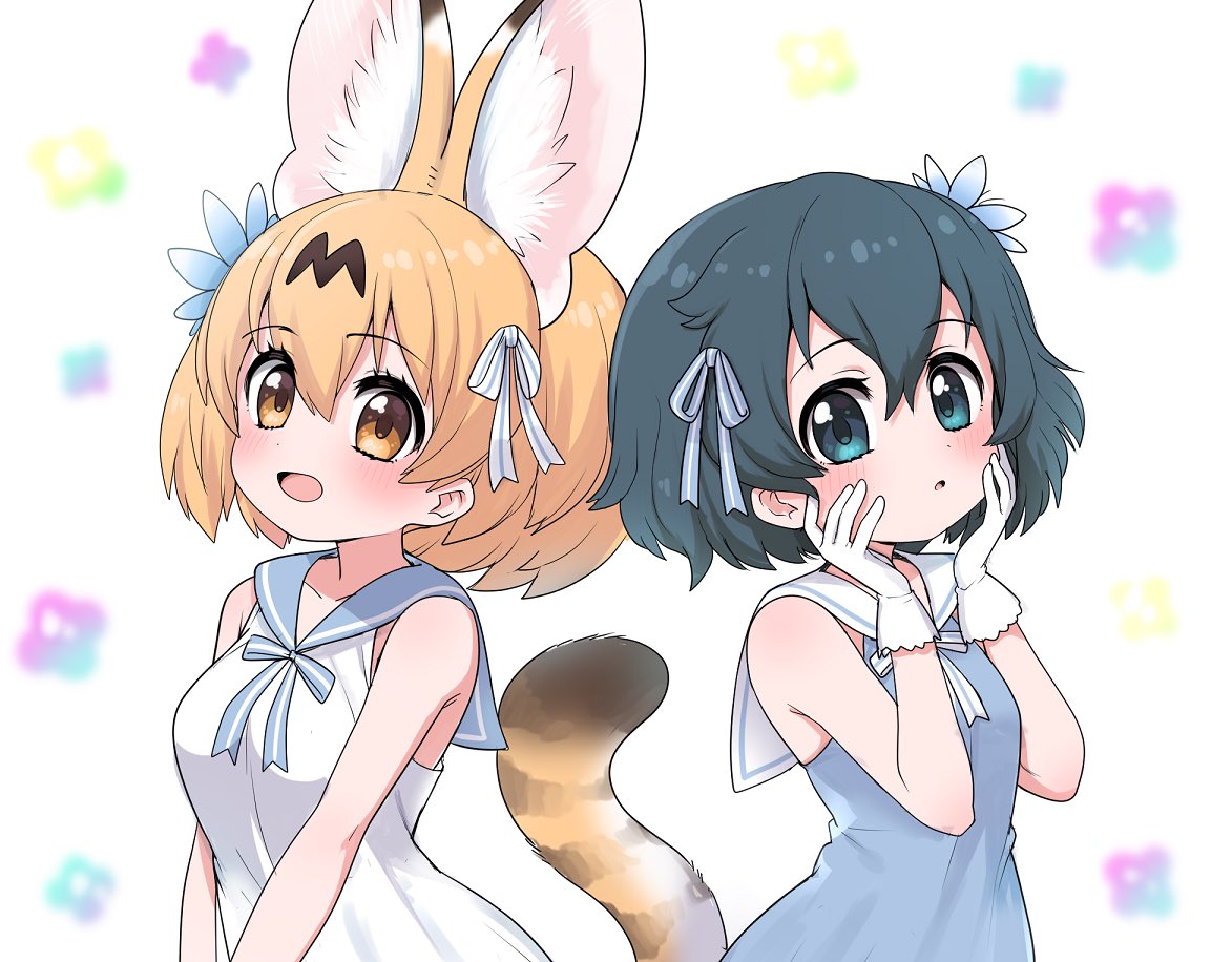 2girls alternate_costume animal_ear_fluff animal_ears bare_shoulders black_hair blonde_hair blue_dress blue_eyes blush commentary_request dress extra_ears eyebrows_visible_through_hair flower glove_bow gloves hair_flower hair_ornament hair_ribbon hands_on_own_face kaban_(kemono_friends) kemono_friends matching_outfit multicolored_hair multiple_girls no_hat no_headwear ransusan ribbon sailor_collar sailor_dress serval_(kemono_friends) serval_ears serval_print serval_tail short_hair sleeveless sleeveless_dress tail upper_body white_dress white_gloves yellow_eyes