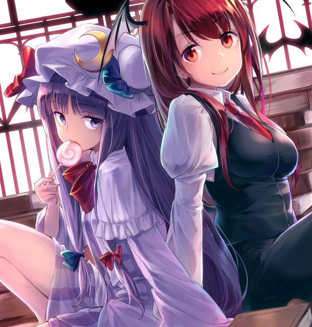 2girls arm_support bangs black_skirt black_vest blue_bow book bow breasts candy capelet commentary_request demon_wings dress eyebrows_visible_through_hair food frilled_capelet frills hand_up hat hat_bow head_wings holding holding_food indoors juliet_sleeves knee_up koakuma lollipop long_hair long_sleeves looking_at_viewer medium_breasts mob_cap multiple_girls necktie patchouli_knowledge puffy_sleeves purple_capelet purple_dress purple_hair purple_headwear red_bow red_eyes red_neckwear redhead shirt short_dress sitting skirt skirt_set thighs touhou usotsuki_penta very_long_hair vest violet_eyes white_shirt wings