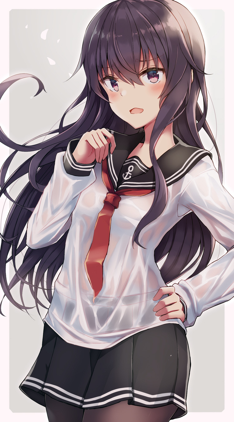 1girl akatsuki_(kantai_collection) anchor_symbol black_legwear black_skirt blush breasts eyebrows_visible_through_hair hair_between_eyes highres kantai_collection long_hair looking_at_viewer messy_hair natsu_narumi neckerchief no_hat no_headwear open_mouth pleated_skirt purple_hair red_neckwear school_uniform see-through serafuku skirt small_breasts smile solo violet_eyes wet wet_clothes