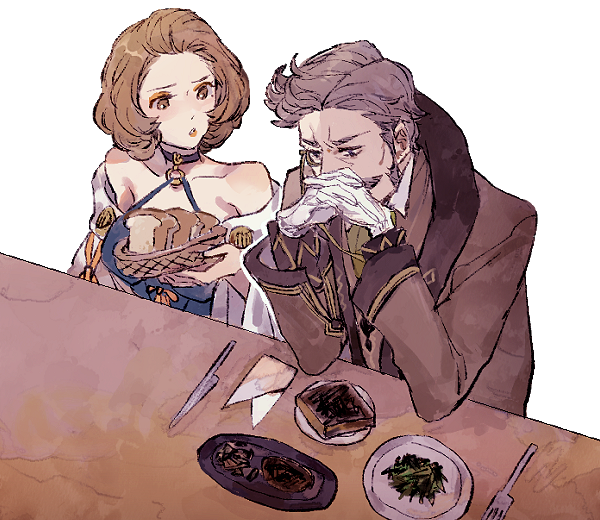 1boy 1girl bare_shoulders basket bread brown_eyes brown_hair elbows_on_table facial_hair fire_emblem fire_emblem:_three_houses food fork grey_hair hanneman_von_essar indoors interlocked_fingers knife long_sleeves looking_at_another manuela_casagranda monocle mustache napkin plate short_hair shourou_kanna toast white_background