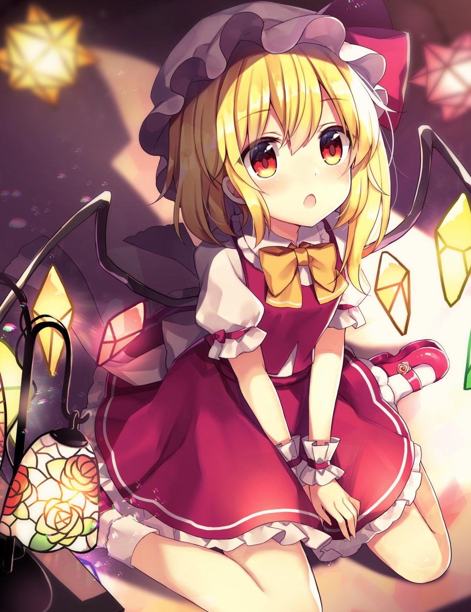 1girl bangs blonde_hair blurry blush bow bowtie commentary_request crystal cute eyebrows_visible_through_hair flandre_scarlet hair_between_eyes hat hat_bow highres indoors lamp long_hair mary_janes miniskirt mob_cap moe one_side_up open_mouth petticoat red_bow red_eyes red_footwear red_skirt red_vest ruhika shadow shoes sitting skirt socks solo team_shanghai_alice touhou v_arms vampire vest wariza white_headwear white_legwear wings wrist_cuffs yellow_bow yellow_neckwear