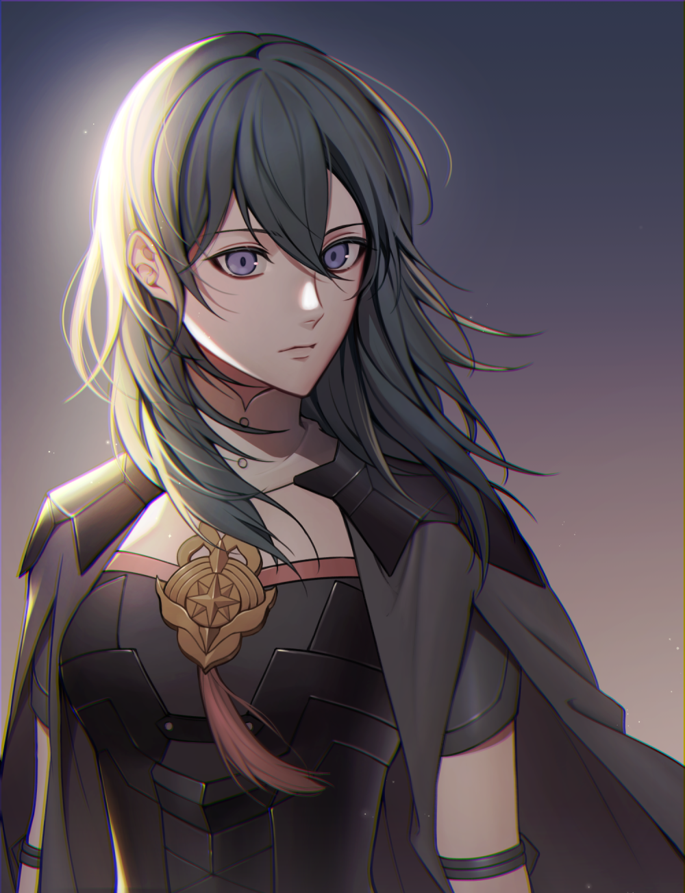 1girl armor black_cape blue_eyes blue_hair byleth_(fire_emblem) byleth_eisner_(female) cape closed_mouth fire_emblem fire_emblem:_three_houses gradient gradient_background highres medium_hair mohazzing simple_background solo upper_body