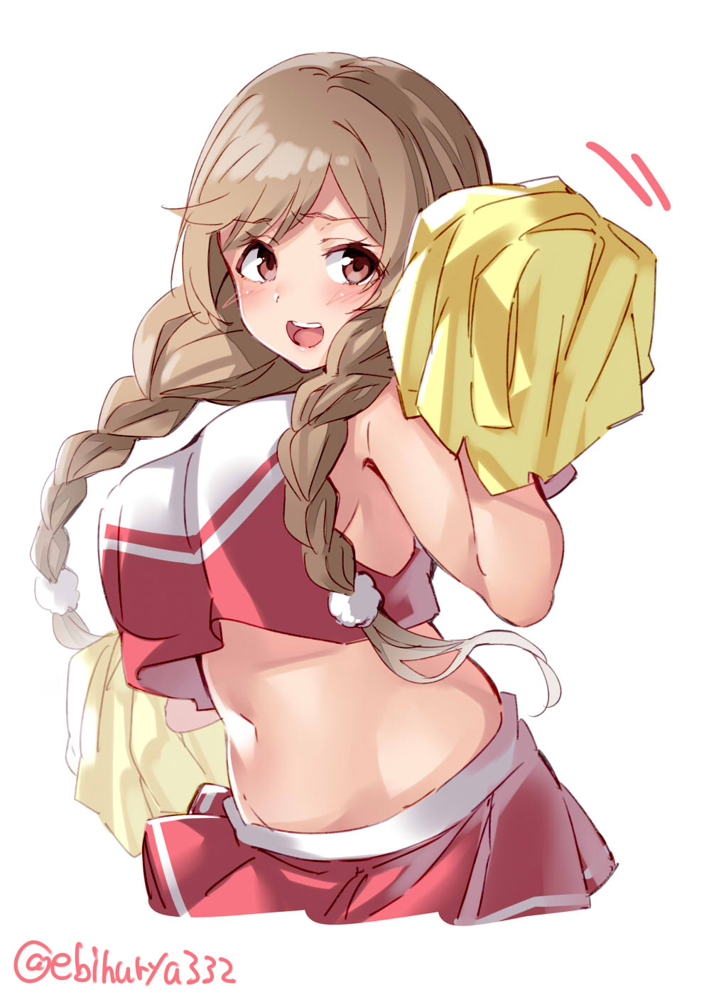 1girl alternate_costume blush braid breasts brown_eyes cheerleader cloud_hair_ornament crop_top ebifurya eyebrows_visible_through_hair gradient_hair highres kantai_collection large_breasts light_brown_hair long_hair looking_at_viewer minegumo_(kantai_collection) miniskirt multicolored_hair navel open_mouth pleated_skirt pom_poms shirt simple_background skirt sleeveless sleeveless_shirt smile solo sportswear twin_braids twitter_username white_background