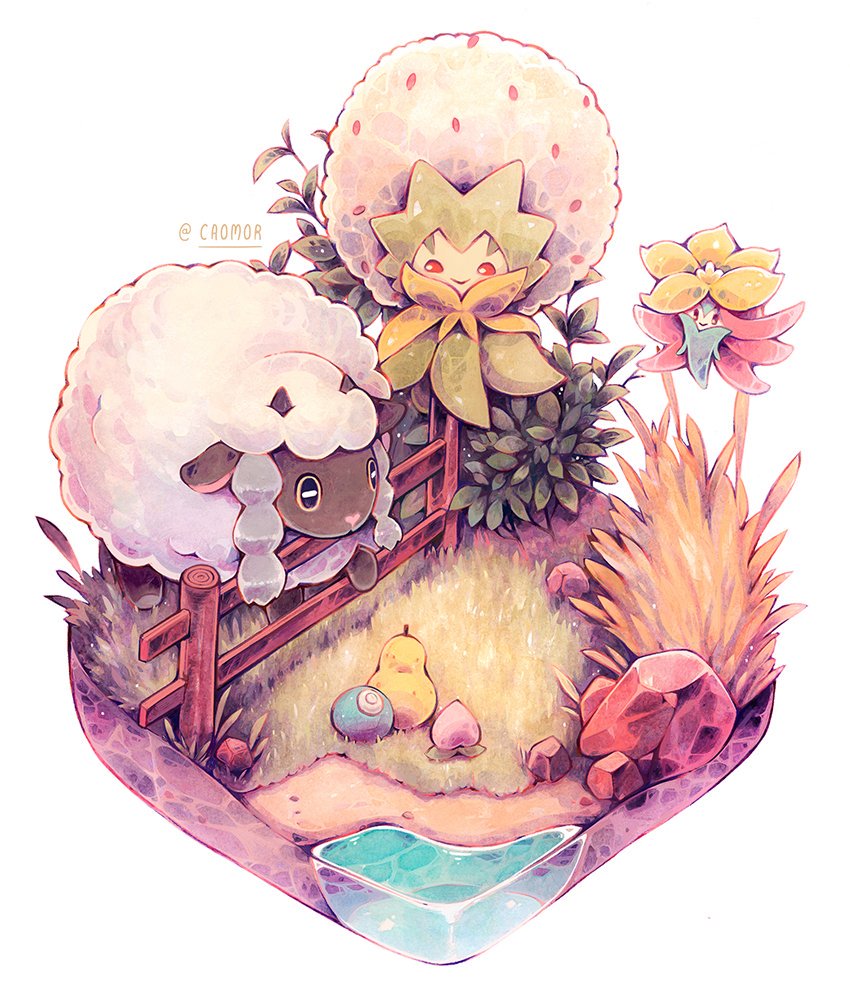 berry caomor commentary eldegoss faux_figurine fence food fruit gen_8_pokemon gossifleur no_humans pokemon pokemon_(creature) rock sheep traditional_media twitter_username water watercolor_(medium) white_background wooden_fence wooloo