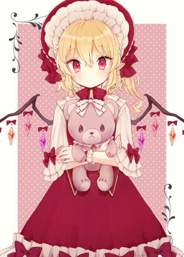 1girl bangs blonde_hair blush bonnet border bow commentary_request cowboy_shot crystal dress eyebrows_visible_through_hair flandre_scarlet hat hat_bow holding holding_stuffed_animal honotai long_hair looking_at_viewer one_side_up outside_border pink_background pointy_ears polka_dot polka_dot_background red_bow red_dress red_eyes shirt short_sleeves solo standing stuffed_animal stuffed_toy teddy_bear touhou white_border white_shirt wings