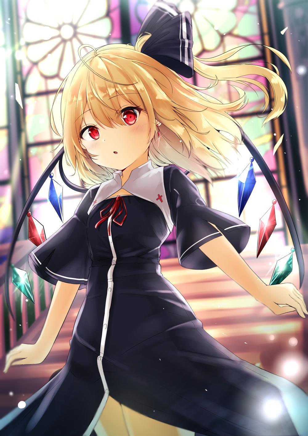 1girl alternate_costume black_bow blonde_hair blurry blurry_background blush bow commentary_request crystal depth_of_field earrings eyebrows_visible_through_hair flandre_scarlet habit hair_bow highres indoors jewelry light_rays medium_hair neck_ribbon open_mouth red_cross red_eyes red_ribbon renka_(cloudsaikou) ribbon side_ponytail solo stained_glass stairs sunbeam sunlight touhou wide_sleeves wings