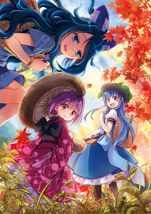 3girls :d ahoge autumn_leaves bangle basket black_headwear blue_eyes blue_hair blue_hoodie blue_skirt blue_sky boots bow bracelet brown_footwear clouds commentary_request day debt dress food forest fruit hair_bow hat hinanawi_tenshi holding_mushroom hood hood_down hoodie japanese_clothes jewelry kimono layered_dress leaf long_hair looking_at_viewer looking_back maple_leaf mikagami_hiyori minigirl multiple_girls mushroom nature no_headwear obi open_mouth outdoors peach puffy_short_sleeves puffy_sleeves purple_hair sash short_hair short_sleeves skirt sky smile squatting standing sukuna_shinmyoumaru touhou very_long_hair yorigami_shion