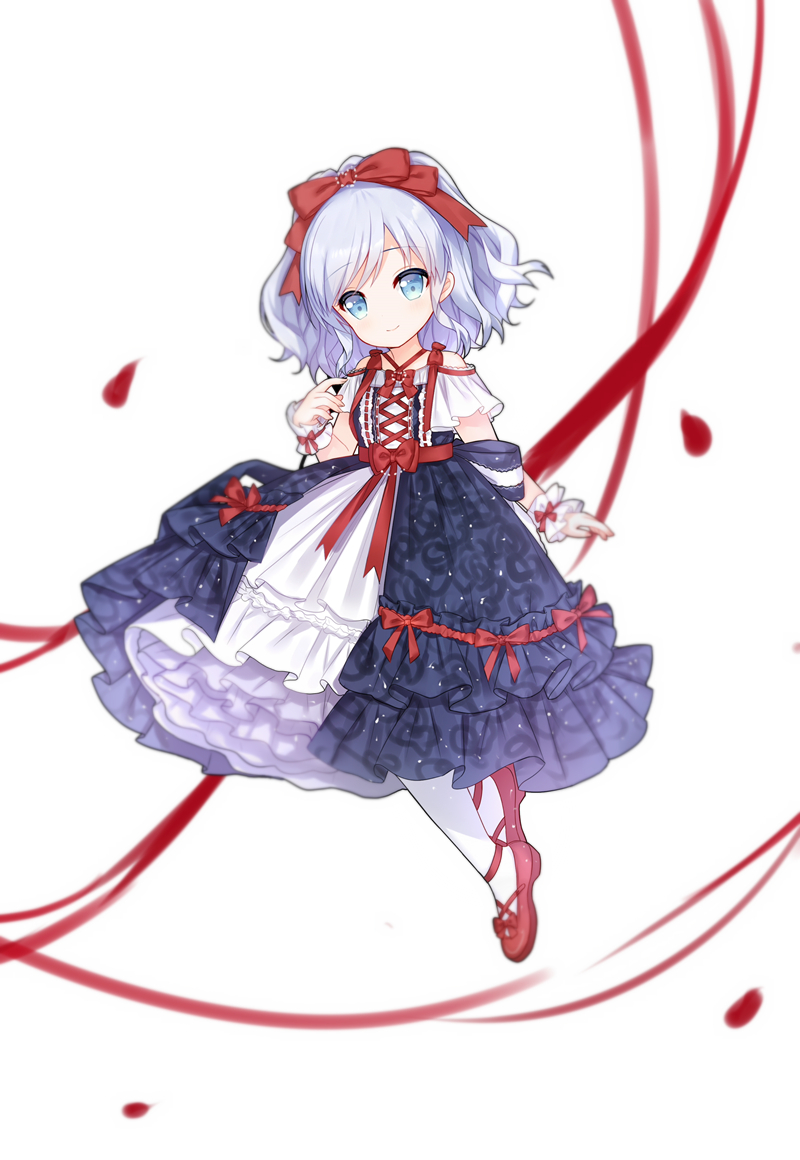 1girl bare_shoulders blue_dress blue_eyes blue_hair blush bow character_request closed_mouth dress full_body hair_bow looking_at_viewer off-shoulder_dress off_shoulder pantyhose petals red_bow red_footwear red_ribbon ribbon shoes short_sleeves simple_background smile solo tengxiang_lingnai warship_girls_r white_background white_legwear wrist_cuffs