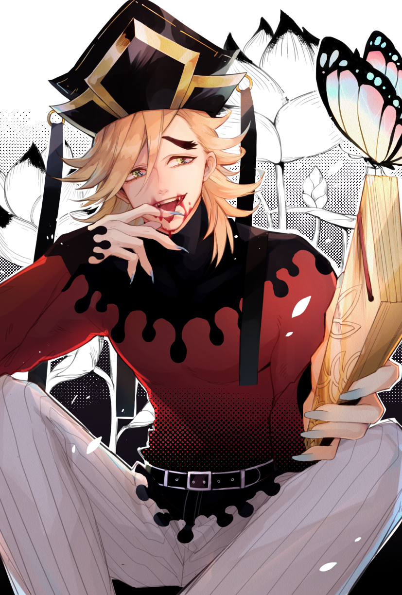 1boy belt blonde_hair blood blood_on_face bloody_hands bloody_mouth bloody_teeth douma_(kimetsu_no_yaiba) elims fan fingernails floral_background flower green_eyes hat highres kimetsu_no_yaiba licking_blood long_fingernails looking_at_viewer male_focus medium_hair nail_polish open_mouth sharp_fingernails sitting solo teeth