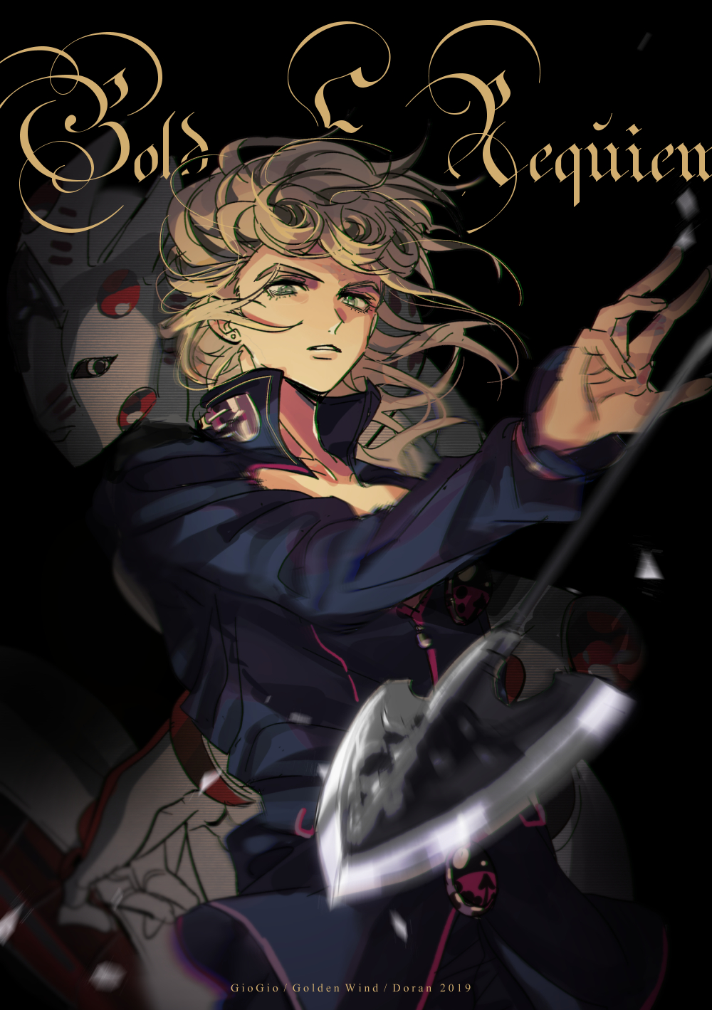 1boy arrow artist_name blonde_hair character_name copyright_name cowboy_shot doran7280 earrings giorno_giovanna gold_experience_requiem highres jewelry jojo_no_kimyou_na_bouken lips looking_at_viewer male_focus medium_hair parted_lips short_hair stand_(jojo) vento_aureo