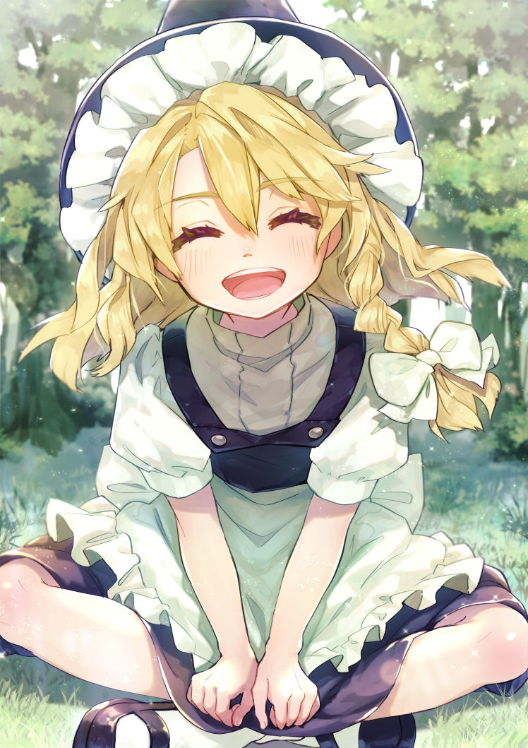 1girl :d ^_^ apron bangs black_footwear black_headwear black_skirt black_vest blonde_hair blush bow braid closed_eyes commentary_request eyebrows_visible_through_hair facing_viewer frilled_apron frills grass hair_between_eyes hair_bow hat indian_style kirisame_marisa long_hair mary_janes open_mouth outdoors puffy_short_sleeves puffy_sleeves shirt shoes short_sleeves single_braid sitting skirt skirt_set smile socks solo syuri22 touhou vest waist_apron white_bow white_legwear white_shirt witch_hat