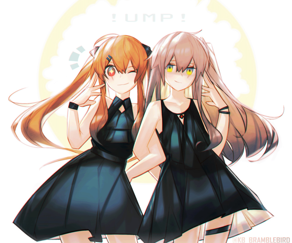 2girls black_dress brown_hair commentary cowboy_shot dress girls_frontline kky locked_arms long_hair looking_at_viewer multiple_girls one_eye_closed red_eyes scar scar_across_eye shaded_face smile standing thigh_strap twintails twitter_username ump45_(girls_frontline) ump9_(girls_frontline) wristband yellow_eyes