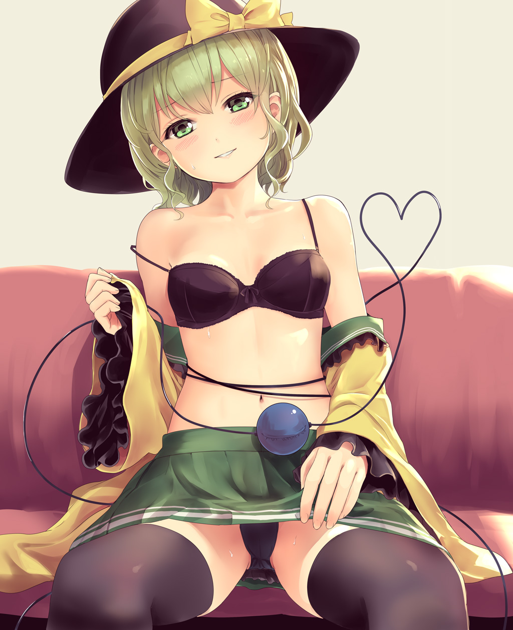 1girl bangs black_bra black_headwear black_legwear black_panties blush bow bra breasts collarbone commentary_request couch culter eyebrows_visible_through_hair feet_out_of_frame frilled_sleeves frills green_eyes green_hair green_skirt hat hat_bow heart heart_of_string highres indoors komeiji_koishi long_sleeves looking_at_viewer miniskirt off_shoulder open_clothes open_shirt panties pantyshot pantyshot_(sitting) parted_lips shirt short_hair sitting skirt small_breasts solo stomach strap_slip thigh-highs thighs third_eye touhou underwear wide_sleeves yellow_bow