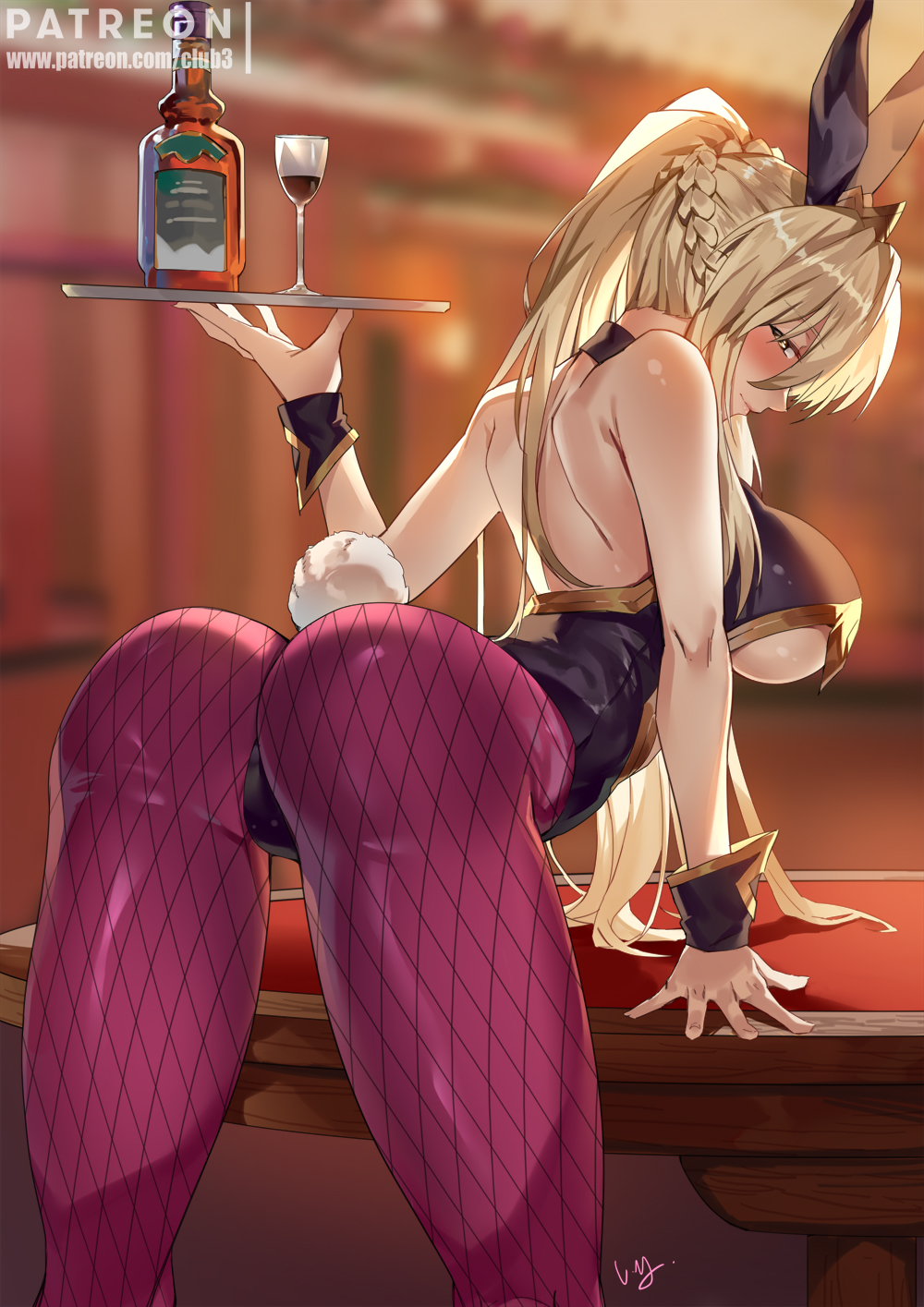 1girl ahoge alcohol alternate_costume animal_ears artoria_pendragon_(all) artoria_pendragon_(lancer_alter) artoria_pendragon_(swimsuit_ruler)_(fate) artoria_pendragon_(swimsuit_ruler)_(fate)_(cosplay) ass back bangs bare_shoulders black_leotard blonde_hair blush bottle braid breasts bunny_tail bunnysuit center_opening closed_mouth cosplay cup detached_collar drinking_glass fate/grand_order fate_(series) fishnet_pantyhose fishnets french_braid highleg highleg_leotard highres large_breasts leotard long_hair looking_at_viewer nanaya_(daaijianglin) pantyhose ponytail purple_legwear rabbit_ears sidelocks smile solo tail thighs tiara tray under_boob wrist_cuffs yellow_eyes
