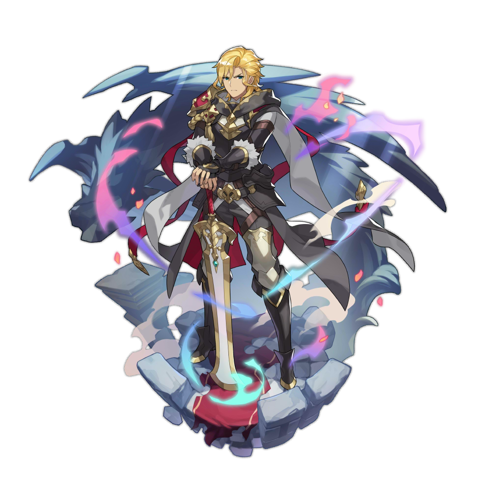armored_boots audric blonde_hair blue_eyes boots cape dragalia_lost fingerless_gloves full_body gloves greatsword looking_at_viewer medium_hair non-web_source official_art saitou_naoki solo sword transparent_background waist_cape weapon