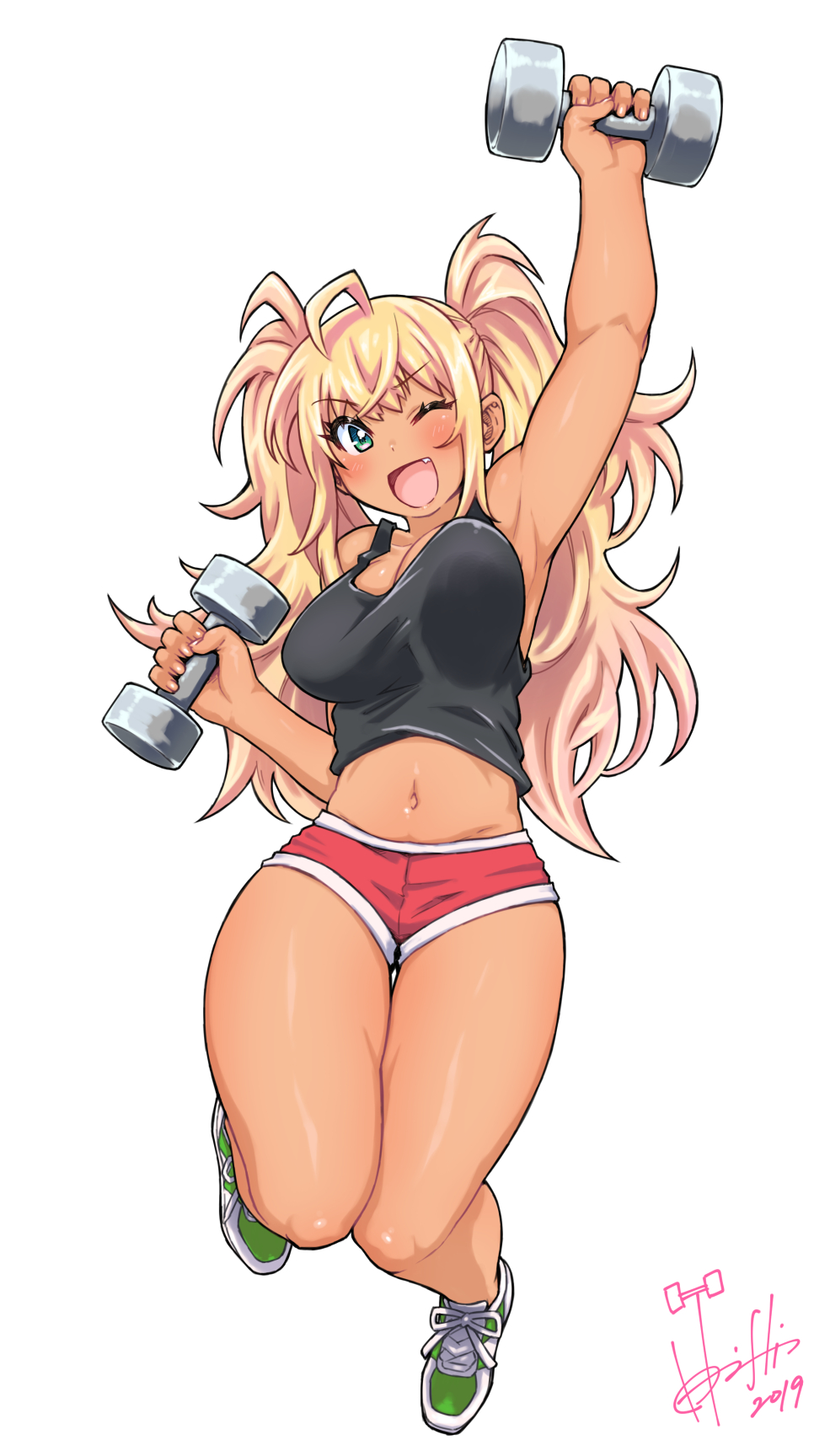 black_tank_top blonde_hair breasts commentary_request curvy danberu_nan_kiro_moteru? dark_skin dated dumbbell eyebrows_visible_through_hair fang full_body green_eyes gyaru highres hori_shin large_breasts long_hair navel open_mouth red_shorts sakura_hibiki_(danberu_nan_kiro_moteru?) shoes shorts signature sneakers tan tank_top twintails weightlifting white_background