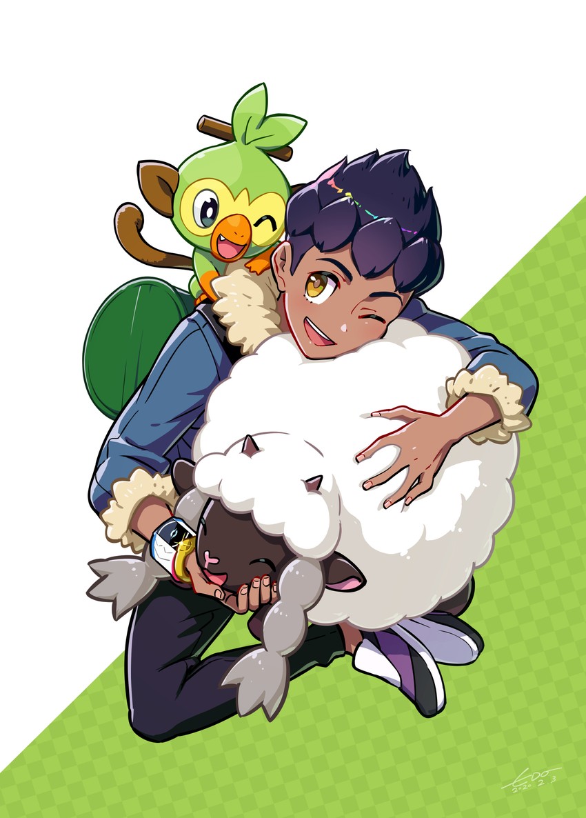 1boy ;d artist_name backpack bag black_pants closed_eyes dark_skin dark_skinned_male dated dynamax_band fingernails fur-trimmed_jacket fur_trim gen_8_pokemon grookey holding holding_pokemon hop_(pokemon) image_sample jacket looking_back one_eye_closed open_mouth orange_eyes pants pixiv_sample pokemon pokemon_(creature) pokemon_(game) pokemon_on_back pokemon_swsh purple_hair shiny shiny_hair shoes signature simple_background smile spiky_hair teeth tongue wedo wooloo wristband