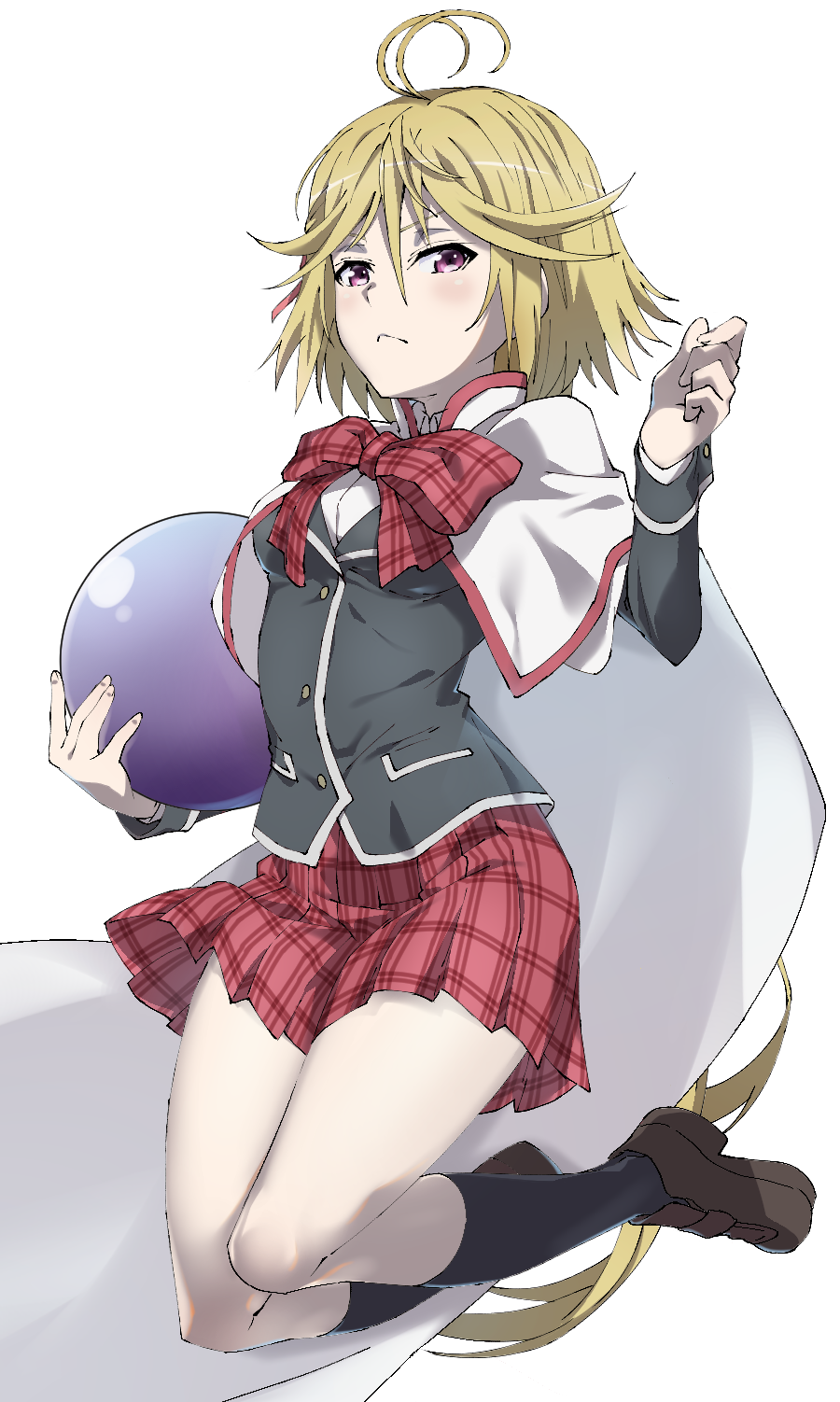 1girl :&lt; antenna_hair black_legwear blonde_hair bow brown_footwear cape commentary_request hair_between_eyes hal-bard highres kneehighs loafers long_hair looking_at_viewer plaid plaid_bow plaid_skirt red_bow red_skirt school_uniform shoes simple_background skirt solo trinity_seven very_long_hair violet_eyes white_background yamana_mira