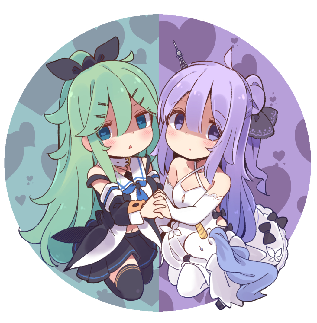 2girls ahoge azur_lane bangs black_bow black_legwear black_ribbon blue_eyes blue_neckwear blush bow commentary_request criss-cross_halter crossover detached_sleeves dress empty_eyes eyebrows_visible_through_hair green_hair hair_between_eyes hair_bow hair_bun hair_flaps hair_ornament hairclip halterneck heart heart-shaped_pupils holding_hands kantai_collection long_hair multiple_girls neckerchief parted_lips pout purple_hair ribbon sailor_collar school_uniform serafuku shaded_face side_bun stuffed_alicorn stuffed_animal stuffed_toy stuffed_unicorn suzuki_toto symbol-shaped_pupils thigh-highs triangle_mouth unicorn_(azur_lane) v-shaped_eyebrows violet_eyes white_dress white_legwear yamakaze_(kantai_collection) yandere