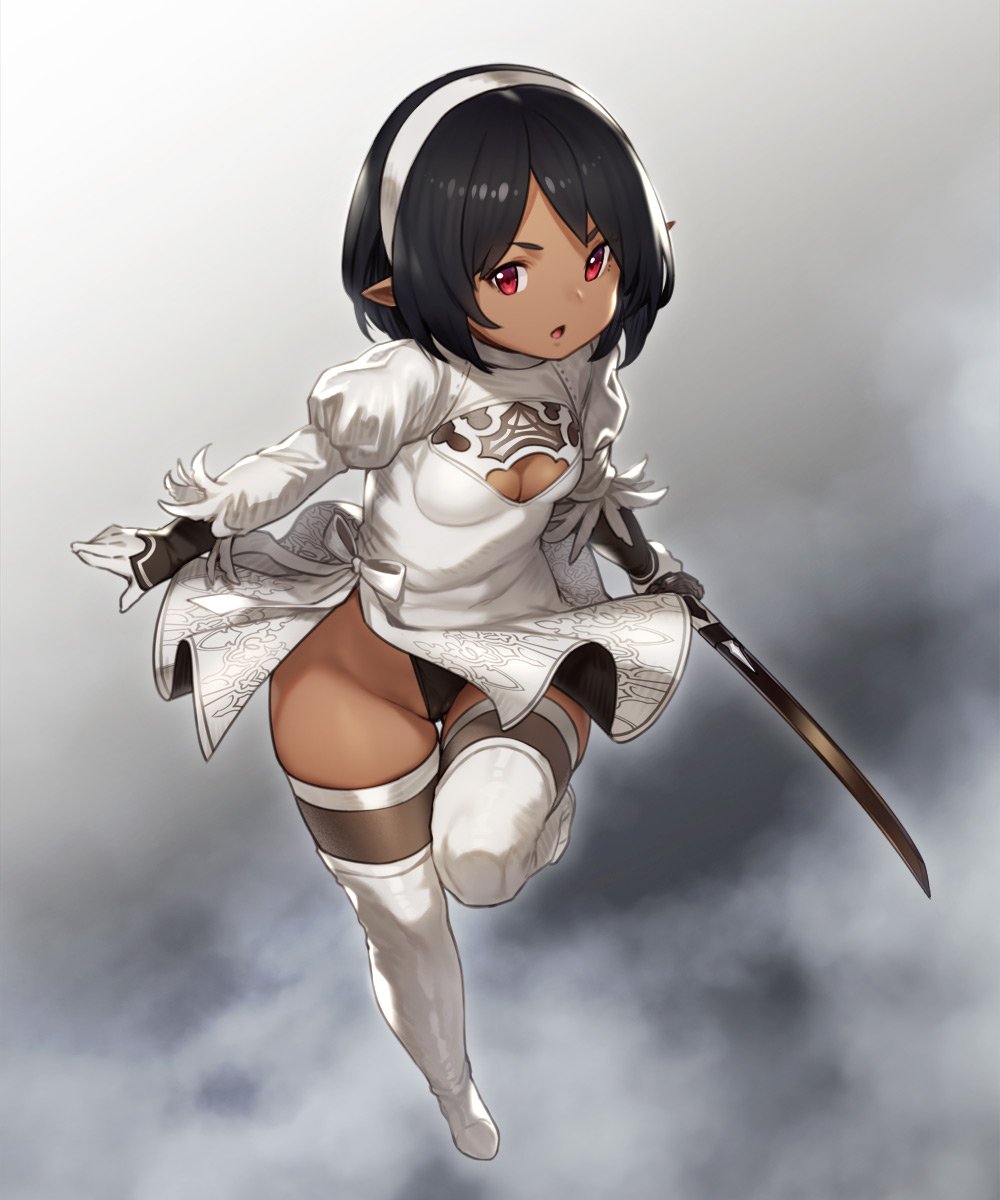 1girl black_hair black_leotard boots breasts cleavage_cutout commentary cosplay dark_skin dress final_fantasy final_fantasy_xiv full_body gloves hairband highres houtengeki juliet_sleeves lalafell leotard leotard_under_clothes long_sleeves looking_at_viewer nier_(series) nier_automata open_mouth original pointy_ears puffy_sleeves red_eyes short_hair skindentation solo sword thigh-highs thigh_boots thigh_gap weapon white_dress white_footwear wide_hips yorha_no._2_type_b yorha_no._2_type_b_(cosplay)