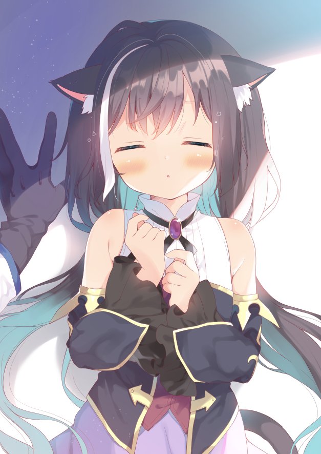 1girl :o animal_ear_fluff animal_ears bangs bare_shoulders black_gloves black_hair black_sleeves blue_hair cat_ears cat_girl cat_tail closed_eyes detached_sleeves eyebrows_visible_through_hair facing_viewer gloves gradient_hair hair_between_eyes hands_up kyaru_(princess_connect) long_sleeves low_twintails multicolored_hair parted_lips pov pov_hands princess_connect! princess_connect!_re:dive purple_skirt shirt skirt sleeveless sleeveless_shirt solo_focus streaked_hair tail tail_raised twintails waiting_for_kiss wall_slam white_hair white_shirt yuizaki_kazuya