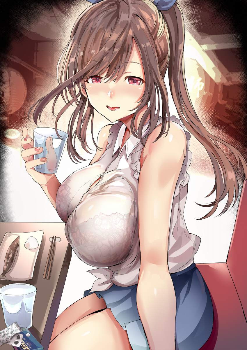 1girl bangs bare_shoulders blue_bow blue_skirt blush bow bra breasts brown_hair chopsticks commentary_request cup eyebrows_visible_through_hair fish food hair_between_eyes hair_bow high_ponytail highres himuro_(dobu_no_hotori) holding holding_cup idolmaster idolmaster_shiny_colors indoors lace lace_bra large_breasts long_hair looking_at_viewer onigiri open_mouth pink_eyes pink_nails plate pleated_skirt ponytail pov restaurant see-through shirt sitting skirt sleeveless sleeveless_shirt swept_bangs thighs tied_shirt tsukioka_kogane underwear white_shirt