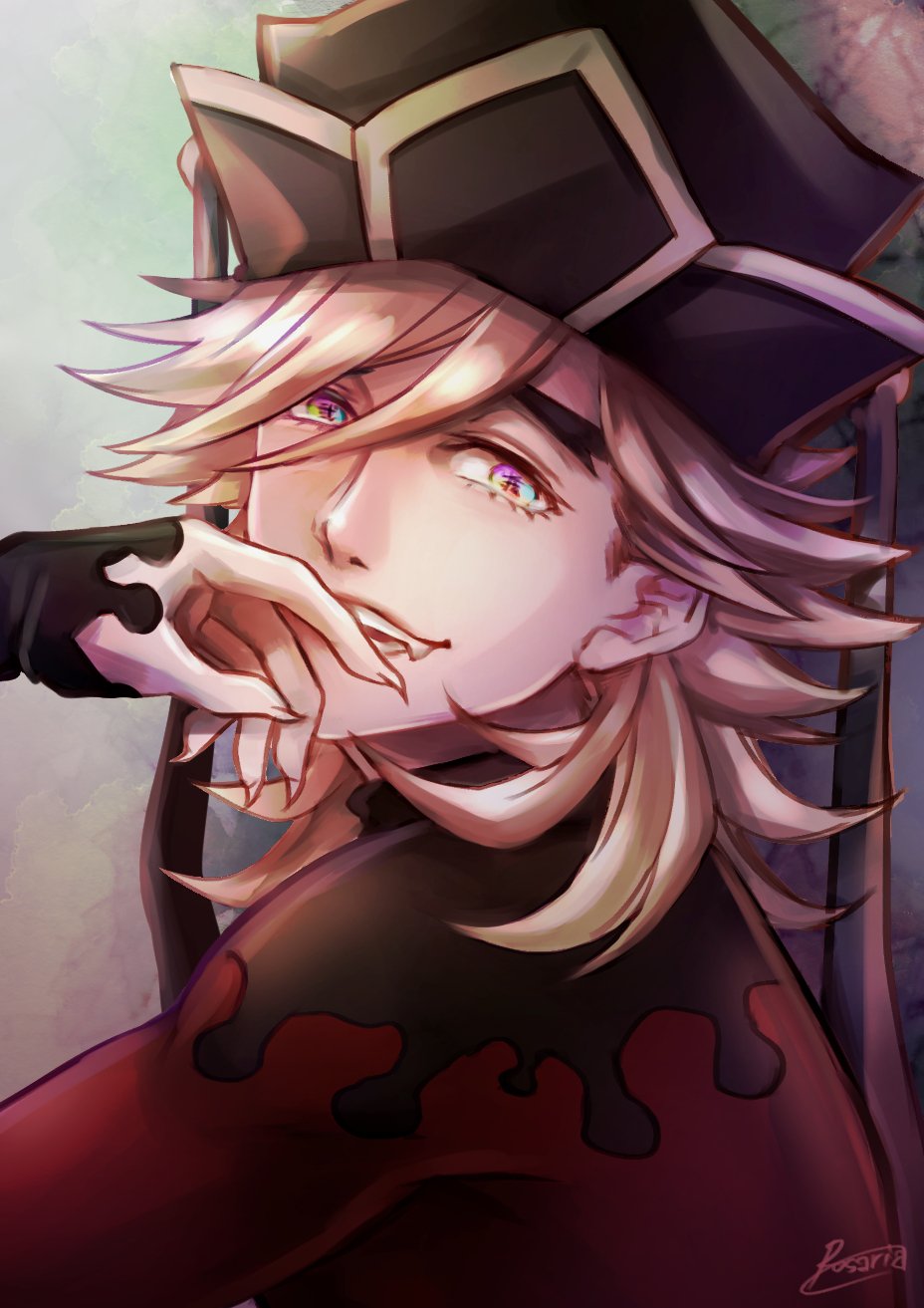 1boy blonde_hair douma_(kimetsu_no_yaiba) face fang fingernails gradient_eyes hat highres kimetsu_no_yaiba long_fingernails looking_at_viewer male_focus medium_hair multicolored multicolored_eyes open_mouth solo teeth upper_body yoruhebi