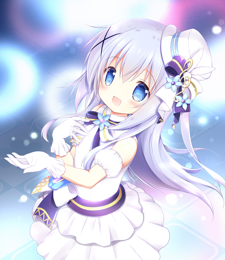 1girl :d bangs bare_shoulders blue_eyes blue_flower blue_hair blush bow commentary_request detached_sleeves dress eyebrows_visible_through_hair flower gloves gochuumon_wa_usagi_desu_ka? hair_between_eyes hair_ornament hat hat_bow kafuu_chino layered_dress long_hair looking_at_viewer mini_hat nanase_miori open_mouth puffy_short_sleeves puffy_sleeves purple_bow short_sleeves sleeveless sleeveless_dress smile solo striped striped_bow tilted_headwear treble_clef very_long_hair white_bow white_dress white_gloves white_headwear white_sleeves x_hair_ornament