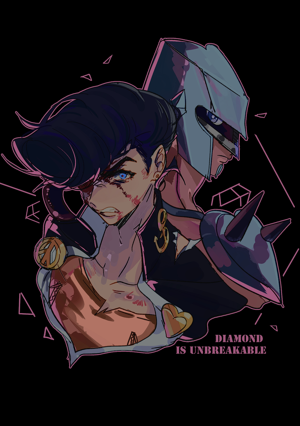back-to-back black_background black_hair blood blood_on_face crazy_diamond diamond_wa_kudakenai doran7280 earrings face highres jewelry jojo_no_kimyou_na_bouken lips looking_at_viewer male_focus parted_lips pompadour portrait school_uniform short_hair stand teeth torn_clothes